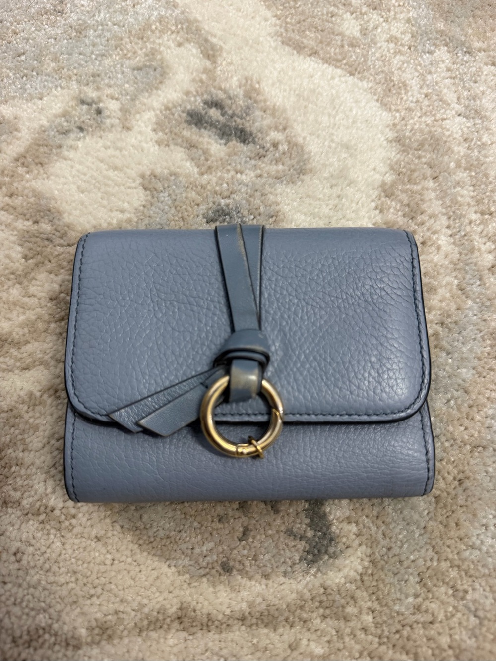 Chloe Alphabet Gray Pebbled Leather Compact Wallet with Gold Ring